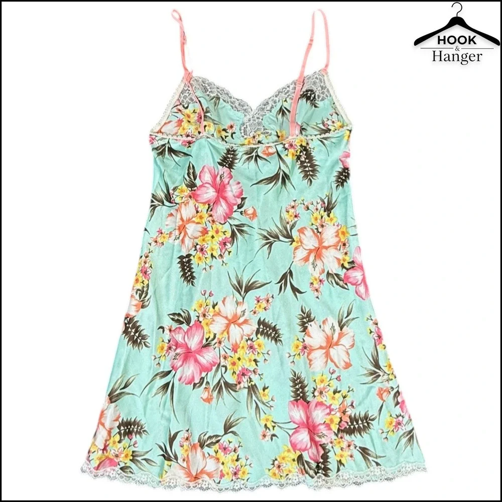 Victoria's Secret Y2K Satin Tropical Chemise Nightie S Blue Pink Hibiscus Lace - Picture 6 of 10